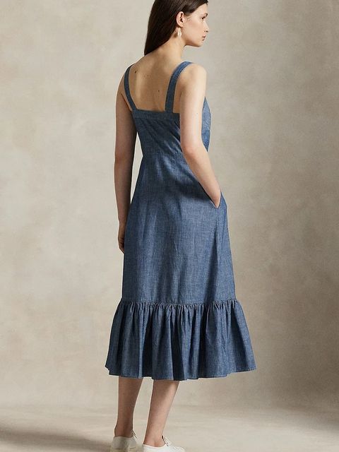 Polo Ralph Lauren sukienka bawełniana kolor niebieski midi rozkloszowana 211972068