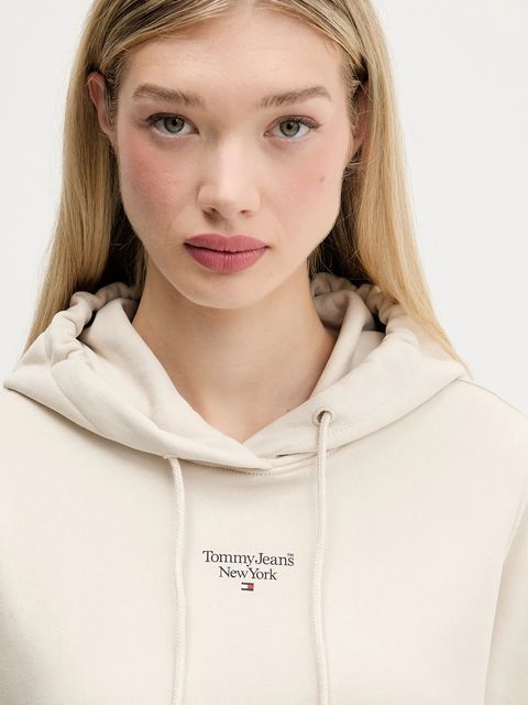 Tommy Jeans bluza damska kolor beżowy z kapturem gładka DW0DW19712