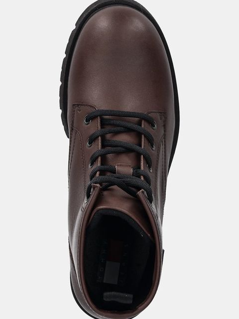 Tommy Jeans botki skórzane TJW LACE UP LEATHER BOOT damskie kolor brązowy na płaskim obcasie EN0EN02824