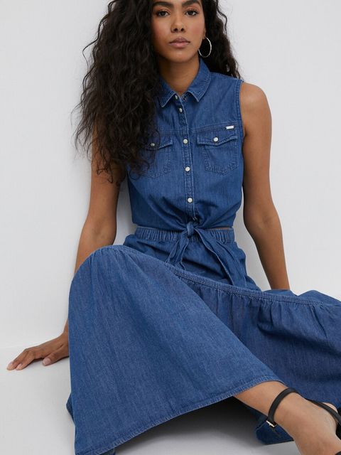 Pepe Jeans sukienka jeansowa kolor granatowy maxi rozkloszowana