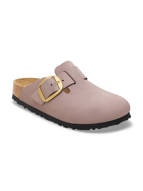 Birkenstock klapki nubukowe Boston Big Buckle damskie kolor fioletowy 1030544