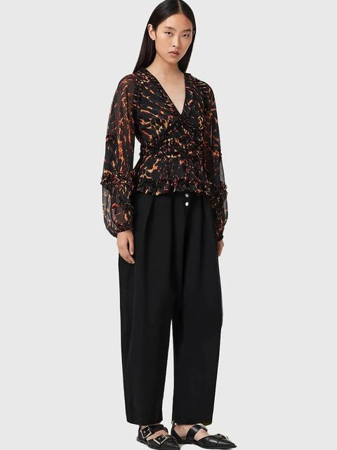 AllSaints bluzka damska kolor brązowy wzorzysta W052PD