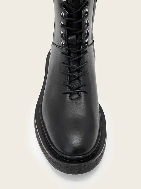 AllSaints workery skórzane Escher Lace Up Boot damskie kolor czarny na płaskim obcasie W084FD