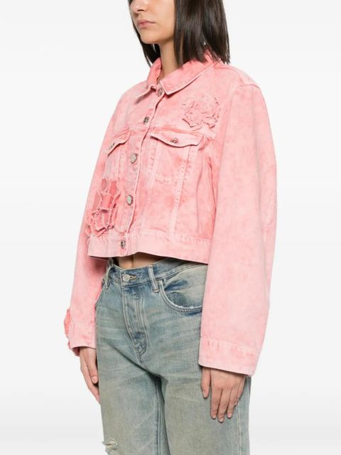 GANNI floral-appliqué denim jacket - Pink