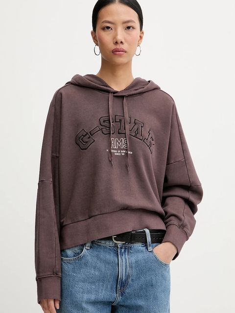 G-Star bluza bawełniana damska kolor brązowy z kapturem z aplikacją D27266-D969 - zdjęcie produktu nr 1