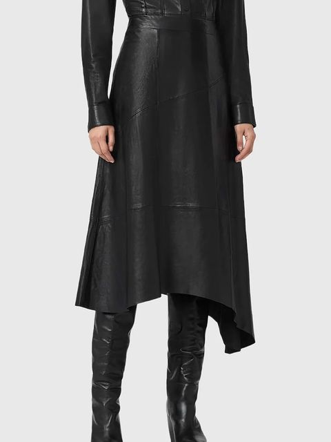 AllSaints spódnica skórzana kolor czarny midi rozkloszowana W073RD - zdjęcie produktu nr 1