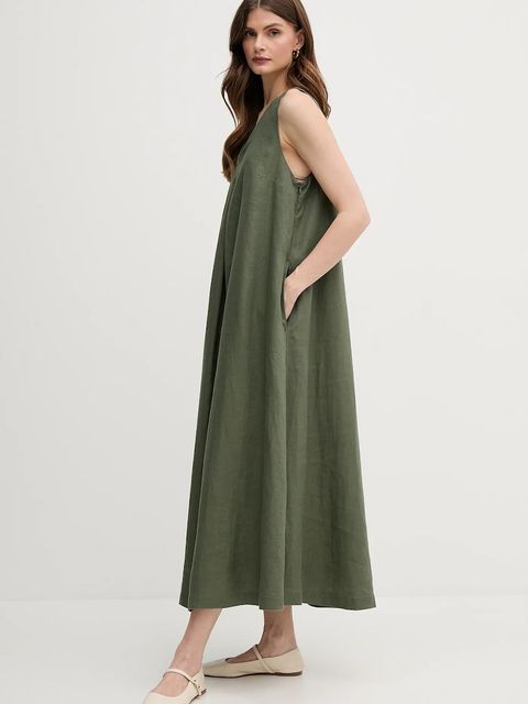 United Colors of Benetton sukienka lniana kolor zielony maxi rozkloszowana - zdjęcie produktu nr 2