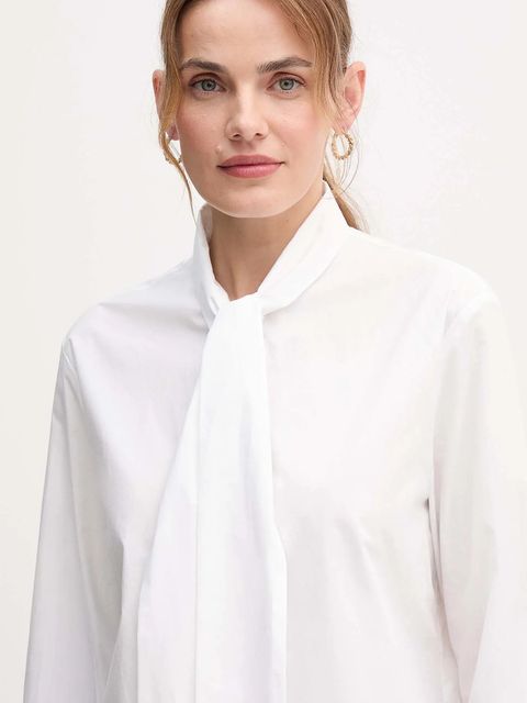 OUI koszula bawełniana damska kolor biały regular z wiązanym dekoltem 87626