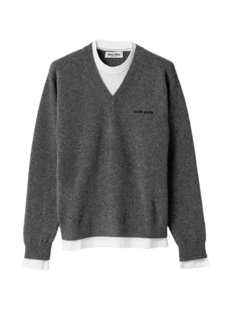 Miu Miu intarsia-logo V-neck sweater - Grey - zdjęcie produktu nr 1