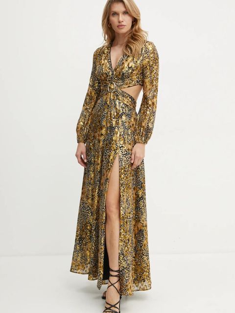 Marciano Guess sukienka jedwabna LEOPARD kolor złoty maxi rozkloszowana 4BGK79 7219A
