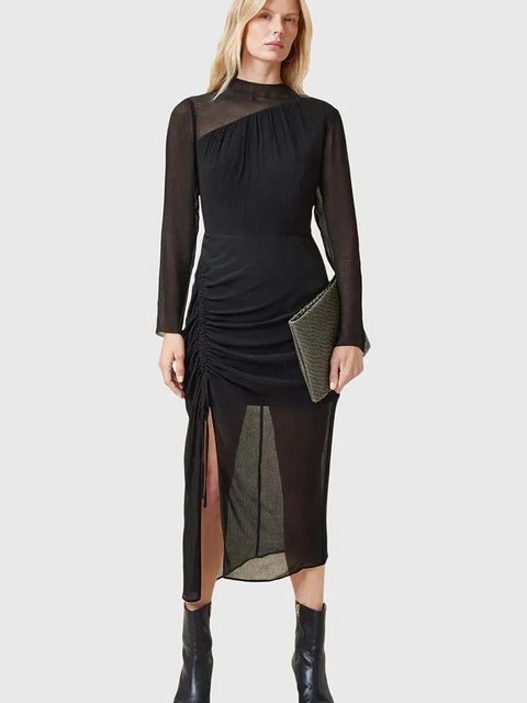 AllSaints sukienka z domieszką jedwabiu RIZO kolor czarny midi dopasowana W085DC - zdjęcie produktu nr 1