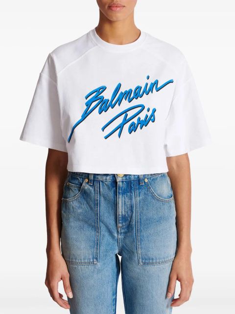 Balmain logo-flocked cropped T-shirt - White