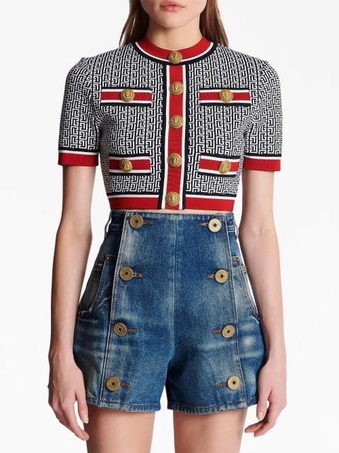 Balmain monogram-jacquard crop top - Blue