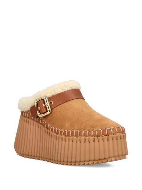 Chloé Nama wedge shearling buckle mules - Brown - zdjęcie produktu nr 2