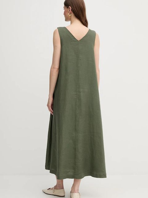 United Colors of Benetton sukienka lniana kolor zielony maxi rozkloszowana
