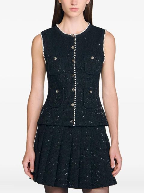 SANDRO pearl-trimmed tweed waistcoat - Black