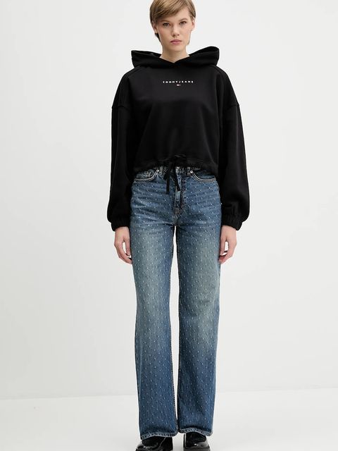 Tommy Jeans bluza bawełniana damska kolor czarny z kapturem z nadrukiem DW0DW21607