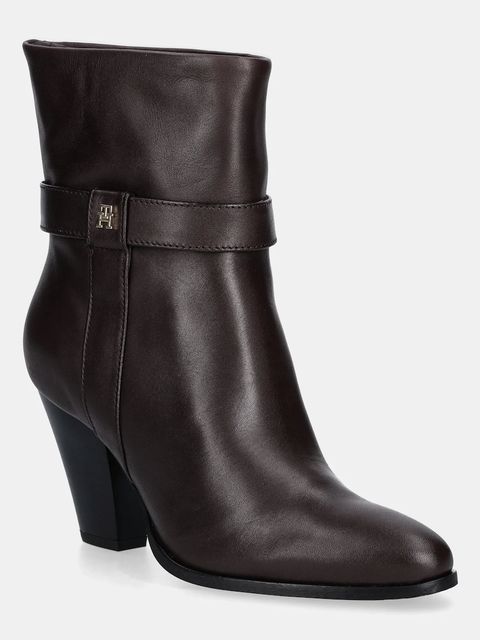 Tommy Hilfiger botki skórzane TH T-STRAP LEATHER POINTY BOOTIE damskie kolor brązowy na słupku FW0FW08984 - zdjęcie produktu nr 1