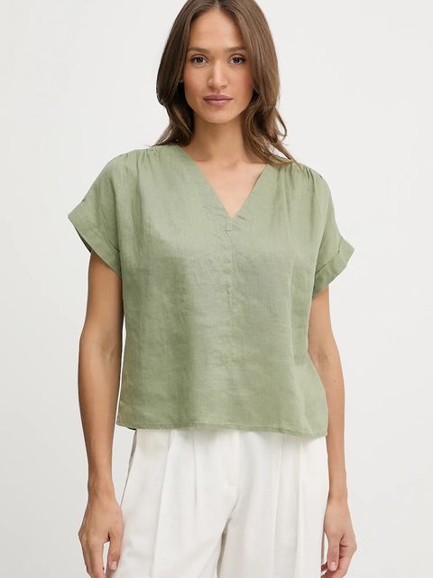 United Colors of Benetton bluzka lniana damska kolor zielony gładka 5BMLDQ0BR - zdjęcie produktu nr 1