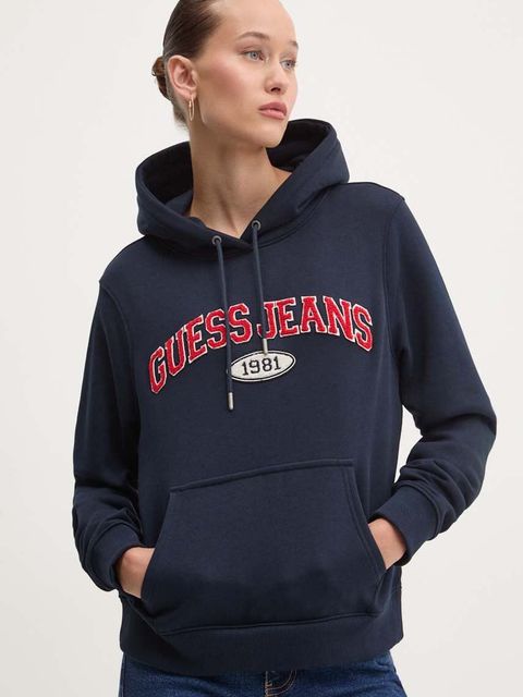Guess Jeans bluza damska kolor granatowy z kapturem z aplikacją W4YQ09 KC811
