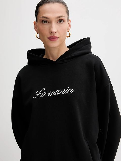 La Mania bluza damska kolor czarny z kapturem z aplikacją ROCKY