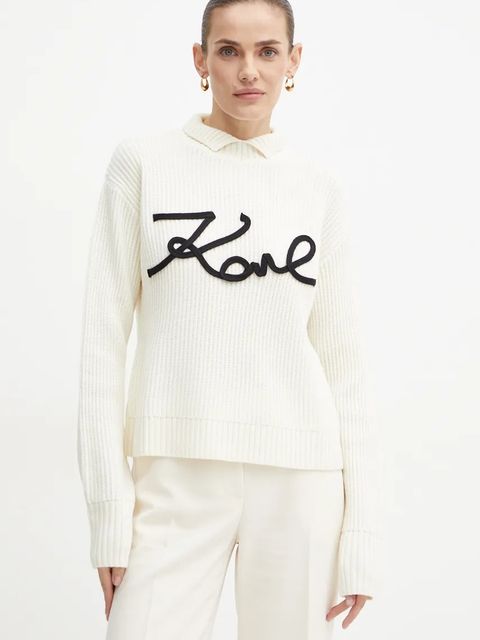 Karl Lagerfeld sweter wełniany damski kolor beżowy ciepły z półgolfem 246W2000 - zdjęcie produktu nr 1