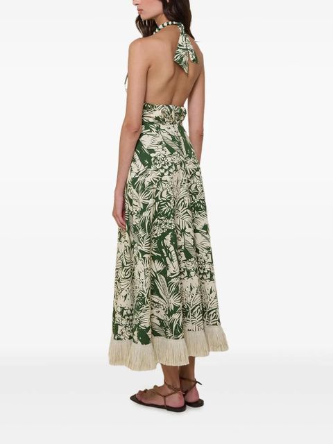 Johanna Ortiz halterneck fringed-hem midi dress - Green