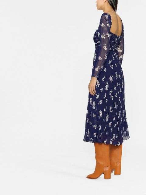 Self-Portrait pansy-print pleated midi dress - Blue