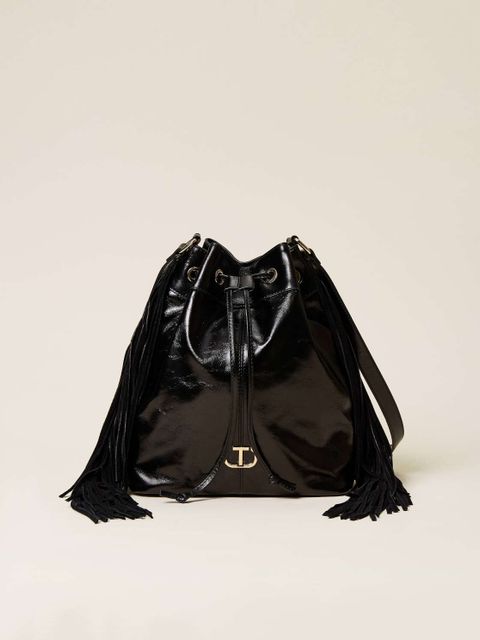 TWINSET - Czarna skórzana torba z frędzlami