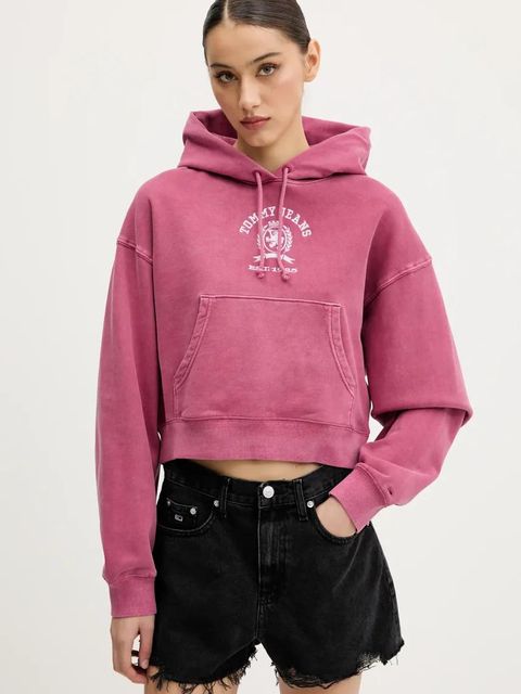 Tommy Jeans bluza bawełniana damska kolor różowy z kapturem z aplikacją DW0DW20311