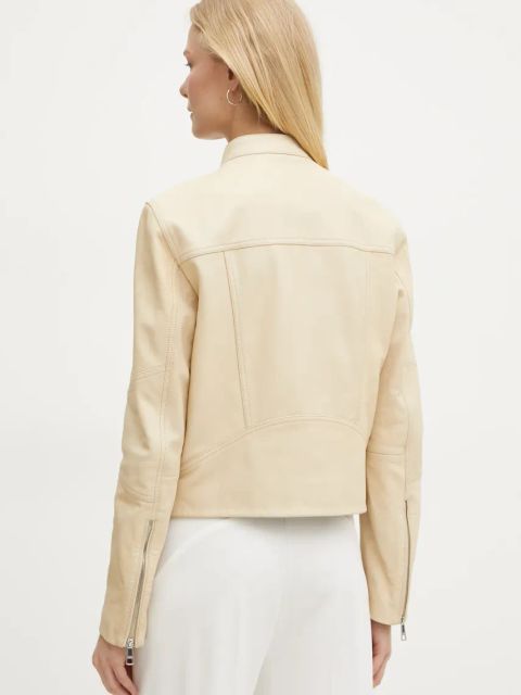 BOSS Orange kurtka skórzana damska kolor beżowy przejściowa 50522033