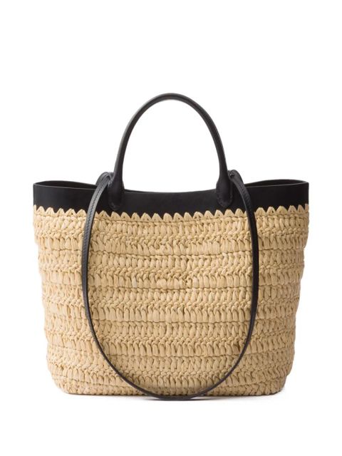 Prada leather-trimmed woven tote bag - Neutrals