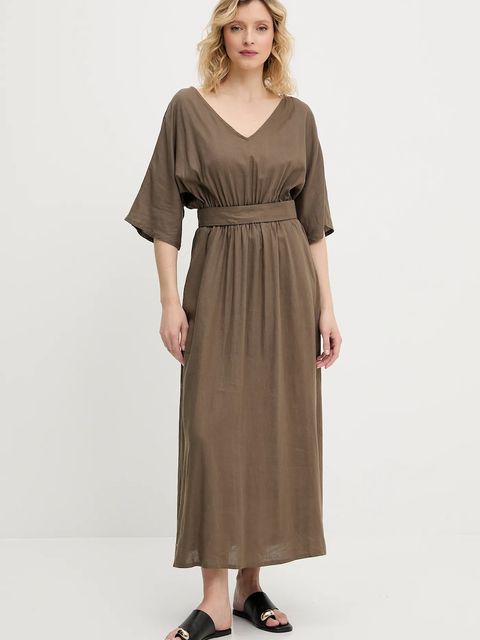 Answear.LAB sukienka z domieszką lnu kolor zielony maxi rozkloszowana - zdjęcie produktu nr 2