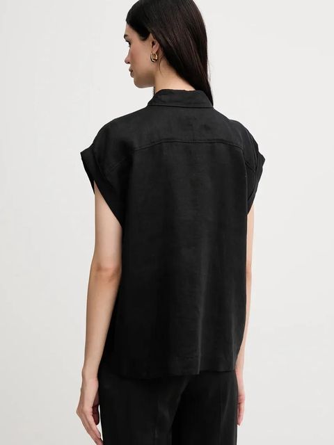 United Colors of Benetton koszula lniana kolor czarny regular z kołnierzykiem klasycznym