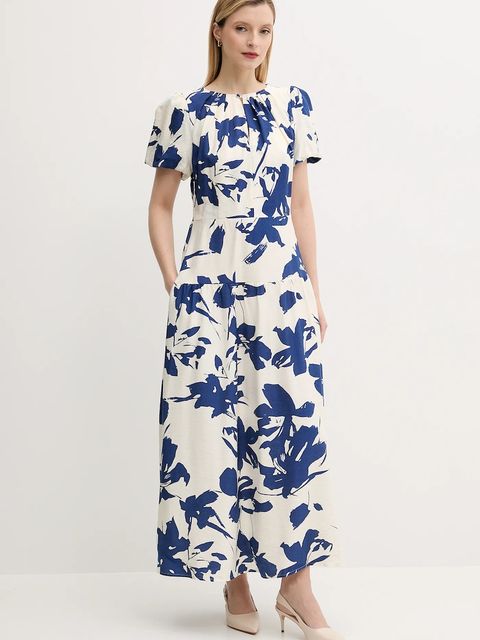 Answear.LAB sukienka lniana kolor granatowy maxi rozkloszowana