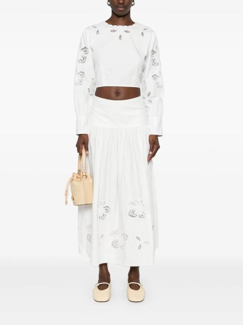SANDRO floral-embroidered midi skirt - White