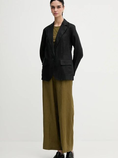 Sisley marynarka lniana kolor czarny jednorzędowa gładka