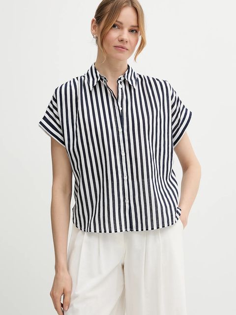 United Colors of Benetton koszula z domieszką lnu damska kolor granatowy relaxed z kołnierzykiem klasycznym 58I5DQ08M - zdjęcie produktu nr 1