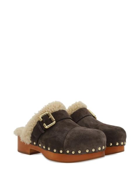 Chloé 35mm Jeannette shearling-trimmed buckle clogs - Brown