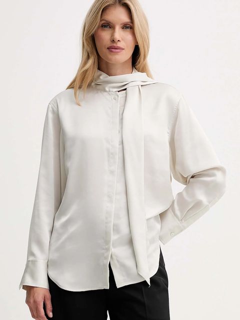 Calvin Klein koszula damska kolor beżowy regular z wiązanym dekoltem LV044D125G