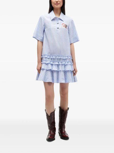 GANNI gingham-pattern ruffled mini dress - Blue