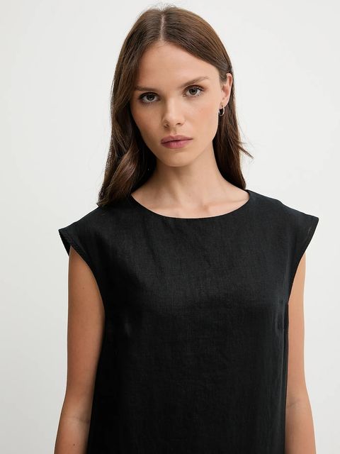 Sisley sukienka lniana kolor czarny midi prosta 4AGHLV073