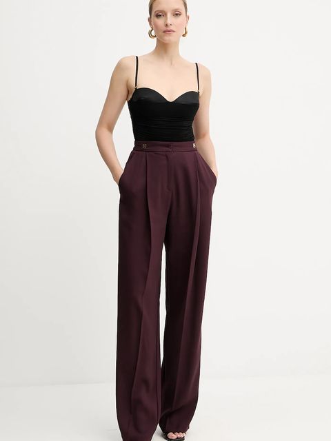 Elisabetta Franchi spodnie z domieszką wełny damskie kolor bordowy proste high waist PA12356E2 - zdjęcie produktu nr 2