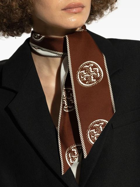 Tory Burch monogrammed silk scarf - Brown