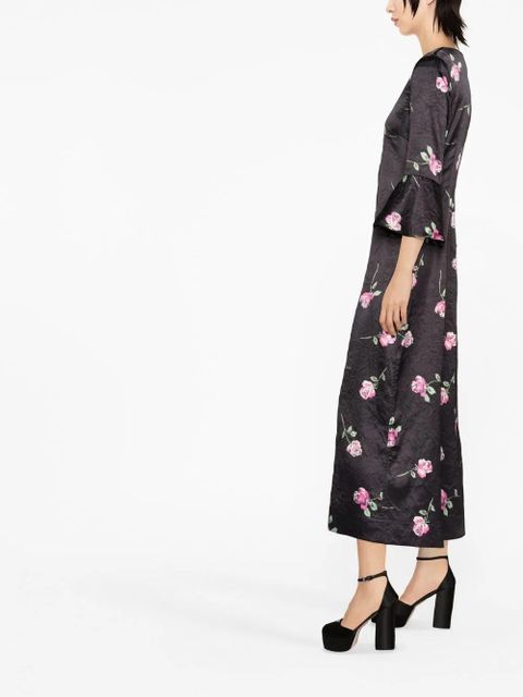GANNI floral-print crinkled midi dress - Black