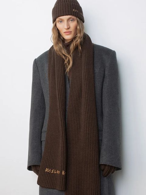 Ruslan Baginskiy szalik wełniany damski kolor brązowy z aplikacją SKR09/036-MW-FL-CD24 - zdjęcie produktu nr 2