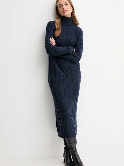 Tommy Hilfiger sukienka z dodatkiem wełny kolor granatowy maxi prosta WW0WW46429 - zdjęcie produktu nr 2