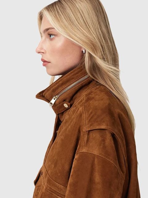 AllSaints kurtka zamszowa kolor brązowy przejściowa W087LD