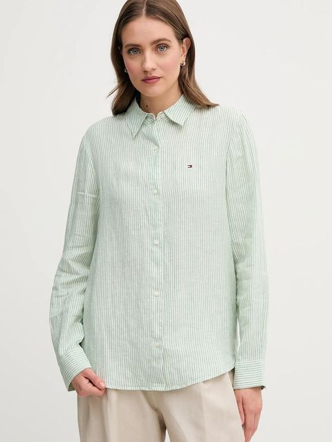 Tommy Hilfiger koszula lniana damska kolor zielony relaxed z kołnierzykiem klasycznym WW0WW44679 - zdjęcie produktu nr 1