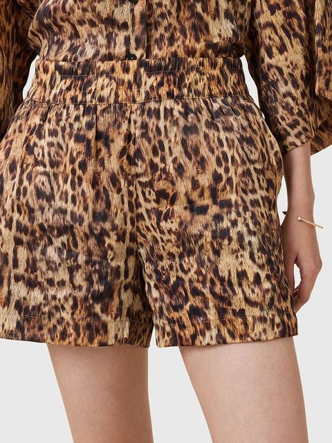 AllSaints szorty z domieszką jedwabiu CHARLI damskie kolor brązowy wzorzyste high waist W037TC